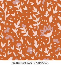 Charming botanical floral vector pattern in earthy terracotta palette. Suitable for apparel, linen, home decor and modern craft textiles.