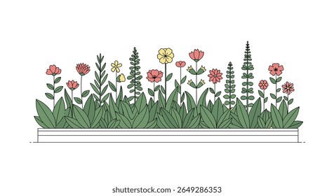 A charming botanical illustration featuring a variety of delicate wildflowers and lush green foliage in full bloom under the gentle glow of sunlight