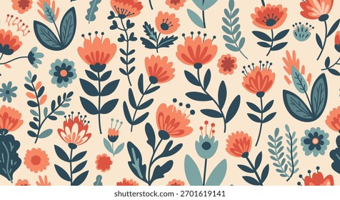 Charming botanical pattern featuring an assortment of colorful stylized flowers and foliage, creating a vibrant and cheerful design.