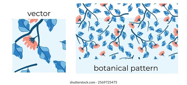 Charming botanical pattern with leaves and bright flowers in blue tones, seamless design for print, fabric, decor, interior, cover.