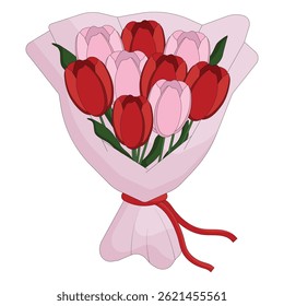 A charming bouquet of red and pink tulips wrapped in light pink paper. The base of the bouquet is tied with a red ribbon, which gives the bouquet a festive look.