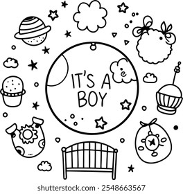 A charming boy baby shower design featuring blue decorations and playful elements celebrating the upcoming arrival of a baby boy.