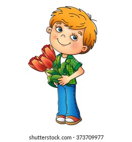 Charming boy holding a bouquet of Tulips isolated on white background. Cartoon. For kids.  