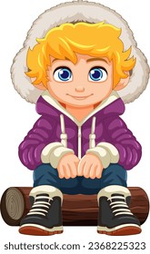 A charming boy sitting on a wooden log wearing a hoodie, puffer jacket, winter coat, and beanie hat