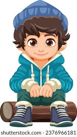 A charming boy sitting on a wooden log wearing a hoodie, puffer jacket, winter coat, and beanie hat