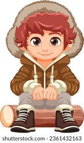 A charming boy wearing a hoodie, puffer jacket, winter coat, and beanie hat, sitting on a wooden log