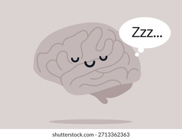 Un encantador personaje cerebral es retratado con los ojos cerrados y una expresión serena, encarnando la relajación y la paz, flota suavemente, sugiriendo pensamientos de ensueño y un estado mental pacífico.