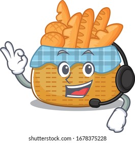 Charming bread basket cartoon character design wearing headphone