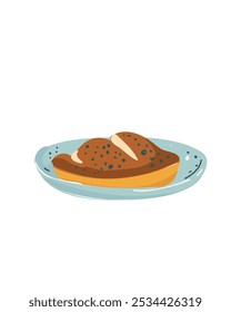 Charming bread roll in a plate with a golden crust, decorated with simple lines and details, vector illustration for children's books and decor