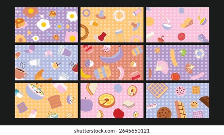 Charming breakfast illustration with pancakes, eggs, fruits, and checkered pastel backdrop. Ideal for brunch cafes, menu covers, or food blogs.
