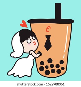 Charming Bride In Wedding Dress Hugs Her Cup Of Bubble Milk Tea Groom. Sugar Addicted Person Concept Card Character illustration