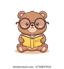 Charming brown cartoon bear character with round spectacles, sitting calmly and deeply engrossed in reading a vibrant yellow book. Perfect for educational, children's, or cheerful designs.