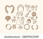 Charming brown line art wedding doodles featuring a bride, groom, attire, floral wreaths, celebration champagne, and party disco ball icons