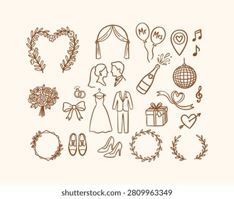 Charming brown line art wedding doodles featuring a bride, groom, attire, floral wreaths, celebration champagne, and party disco ball icons
