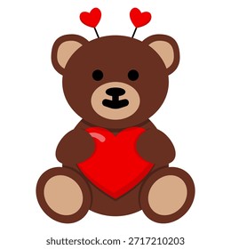Un encantador oso de peluche marrón se sienta sosteniendo un Grande corazón rojo, adornado con Pequeñas astas de corazón rojo en su cabeza.