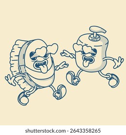 Charming brush and liquid soap bottle mascots. Vintage eco-friendly duo for spa or home cleaning packaging