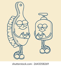Charming brush and liquid soap bottle mascots. Vintage eco-friendly duo for spa or home cleaning packaging
