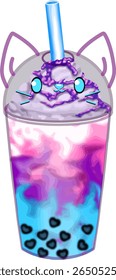 A charming bubble tea with heart-shaped pearls and a cute cat face