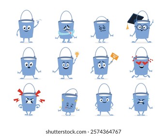 Charming bucket milk characters exhibit various emotions, including joy, sadness, anger, and surprise. Each character has distinct expressions and accessories, showcasing their personality vividly.