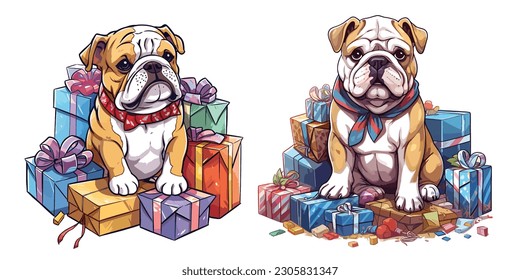 A charming Bulldog sitting proudly amidst a collection of beautifully wrapped gift boxes in canada day.Illustration of T-shirt design graphic.	
