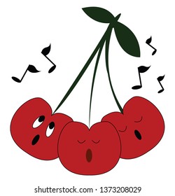 Charmante Kirschen mit zwei dunkelgrünen Blättern singen auf weißem Hintergrund mit musikalischen Noten, Vektorfarbzeichnung oder Illustration 