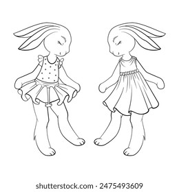 Conejitos encantadores en vestidos bailando juntos en ilustración de contorno blanco y negro, perfecto para niños para colorear página.