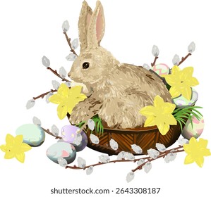 A charming bunny nestled in a basket surrounded by decorative eggs, flowers, and willow branches, capturing a festive and seasonal composition
