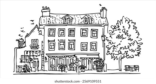 charming cafe building with garden in hand-drawn sketch