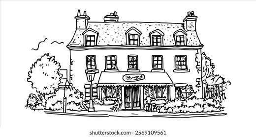 charming cafe building with garden in hand-drawn sketch