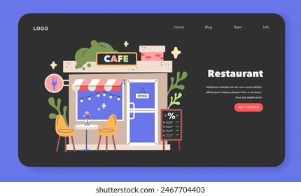 Charming Cafe scene A welcoming restaurant facade with a quaint seating area invites customers to savor moments under the gentle glow of fairy lights Vector illustration