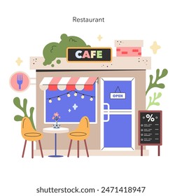 Charming Cafe scene A welcoming restaurant facade with a quaint seating area invites customers to savor moments under the gentle glow of fairy lights Vector illustration
