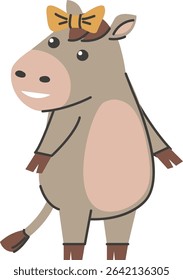 A charming calf is depicted in a cartoon style with a simple outline and soft features. This young bovine wears a pretty bow and stands happily. Cartoon vector illustration