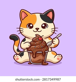 A charming calico cat sits happily while enjoying a large cup of chocolate soft-serve ice cream topped with colorful sprinkles and a cherry. This kawaii style vector illustration features soft colors and clean lines, perfect for food and pet-related designs.