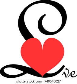 Charming Calligraphy Script Love with Red Heart, Vector Illustration