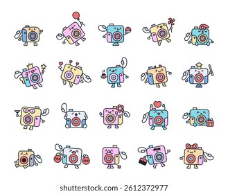 Charming camera character set showing fun activities, cute emotions, magical accessories, and adorable moments in everyday cartoon style for yours creative designs projects