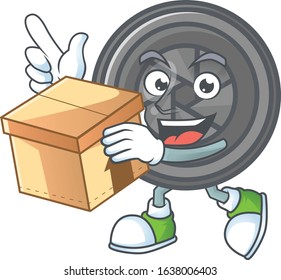 A charming camera lens mascot design style having a box