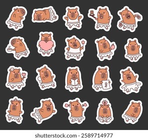 Charming capybara ballerina set with adorable characters performing, dancing, reading, drawing, enjoying a beverage, holding a flower, celebrating love, fluttering fairy wings in kawaii cartoon style