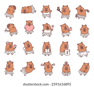 Charming capybara ballerina set with adorable characters performing, dancing, reading, drawing, enjoying a beverage, holding a flower, celebrating love, fluttering fairy wings in kawaii cartoon style