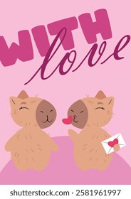 Charming capybara blowing a kiss with a "With Love" message on a pink background. Ideal for Valentine's Day, greeting cards, romantic gifts, anniversaries