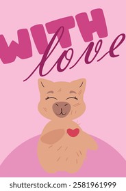 Charming capybara blowing a kiss with a "With Love" message on a pink background. Ideal for Valentine's Day, greeting cards, romantic gifts, anniversaries