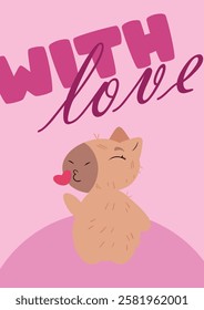 Charming capybara blowing a kiss with a "With Love" message on a pink background. Ideal for Valentine's Day, greeting cards, romantic gifts, anniversaries