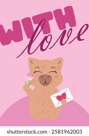 Charming capybara blowing a kiss with a "With Love" message on a pink background. Ideal for Valentine's Day, greeting cards, romantic gifts, anniversaries