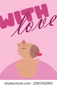 Charming capybara blowing a kiss with a "With Love" message on a pink background. Ideal for Valentine's Day, greeting cards, romantic gifts, anniversaries