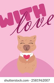 Charming capybara blowing a kiss with a "With Love" message on a pink background. Ideal for Valentine's Day, greeting cards, romantic gifts, anniversaries