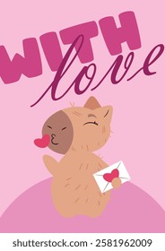 Charming capybara blowing a kiss with a "With Love" message on a pink background. Ideal for Valentine's Day, greeting cards, romantic gifts, anniversaries