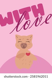 Charming capybara blowing a kiss with a "With Love" message on a pink background. Ideal for Valentine's Day, greeting cards, romantic gifts, anniversaries