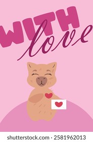 Charming capybara blowing a kiss with a "With Love" message on a pink background. Ideal for Valentine's Day, greeting cards, romantic gifts, anniversaries