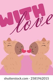 Charming capybara blowing a kiss with a "With Love" message on a pink background. Ideal for Valentine's Day, greeting cards, romantic gifts, anniversaries