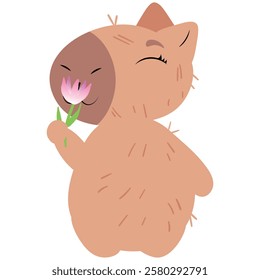 Charming capybara enjoying the scent of a delicate flower with a peaceful and happy expression. Perfect for nature-themed illustrations, greeting cards, eco-friendly projects, and digital stickers, op