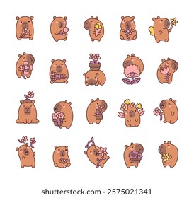 Charming capybara and flower set with adorable smiling characters holding plants and bouquets in kawaii cartoon style illustration for decoration and for yours design projects